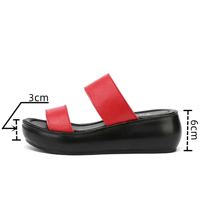 6cm Small Size 32-43 Genuine Leather Shoes Med Heels Slippers 2025 Summer Women\'s Platform Wedges Slides for Office Beach Mom