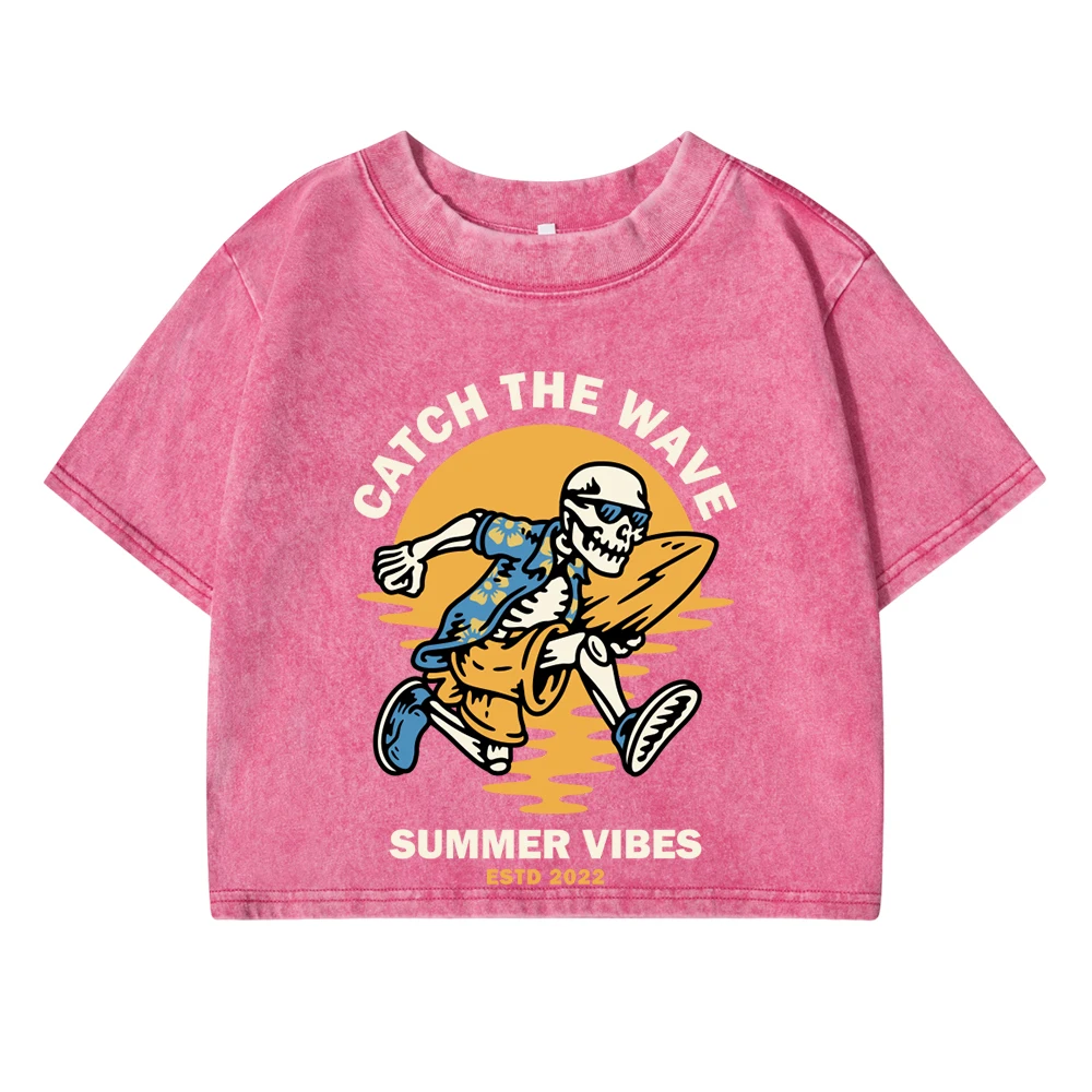 Catch The Wave Summer Vibes Running Skull Print Women'S Washed T-Shirts Soft Loose O-Neck Cotton Crop Tops Comfyfemale Clothes