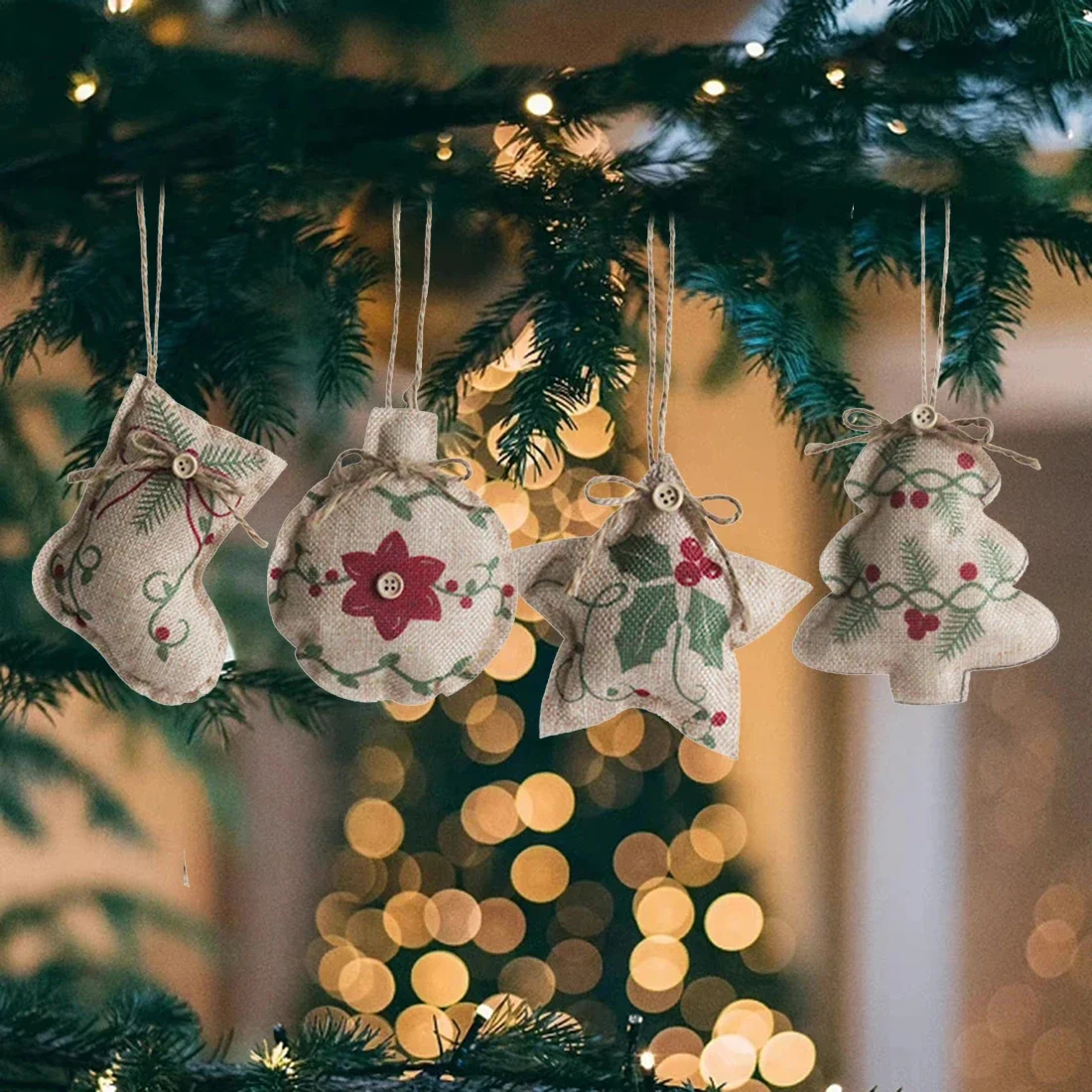 New Christmas Linen Pendants Christmas Tree Decorations Small Pendants Printed Pentagonal Star Decorations Props Merry Christmas