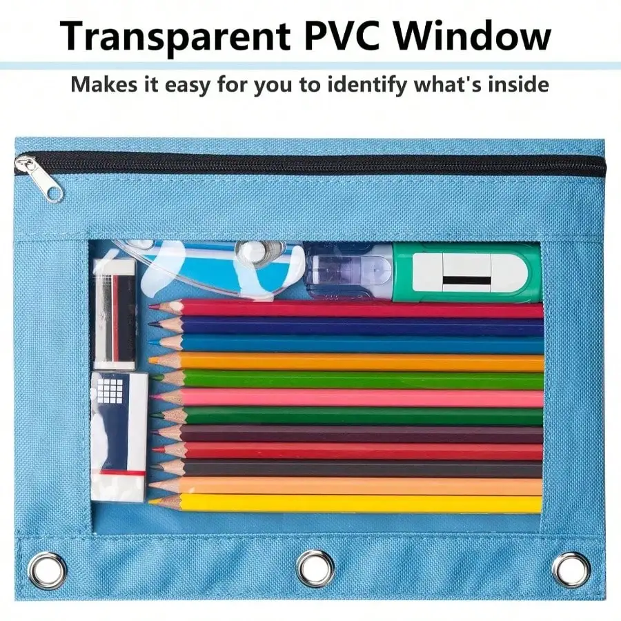 6-pakowy piórnik z segregatorem 3-ringowym, piórnik z segregatorem 3-ringowym z gładkim zamkiem błyskawicznym, wielokolorowy segregator na ołówki, piórnik z segregatorem na górze.
