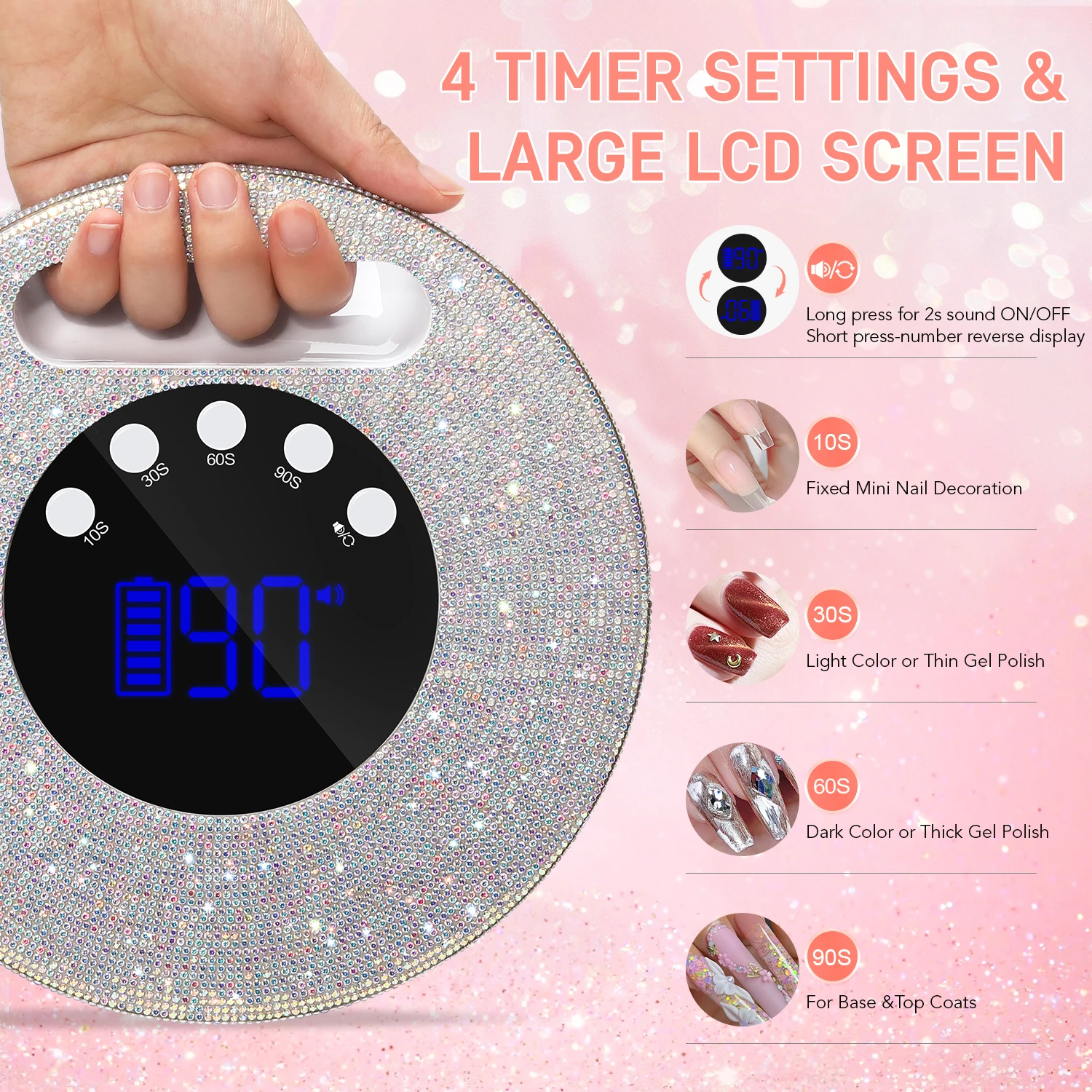 โคมไฟเล็บ LED แบบ UV ทรงกลมเพชรพร้อมแหล่งกำเนิดแสงคู่, ไฟ LED 45 ดวง, จอแสดงผล LCD, ตัวตั้งเวลา 4 ตัว, เซ็นเซอร์อินฟราเรด, ฐานแม่เหล็ก 2200mAh