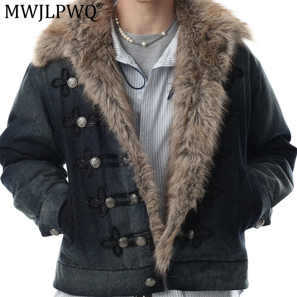 MWJLPWQ Men's Autumn Winter Denim Cotton Jacket Faux Mink Fur Collar Thickened Warmth Trendy Three-Button Design Tops 21301