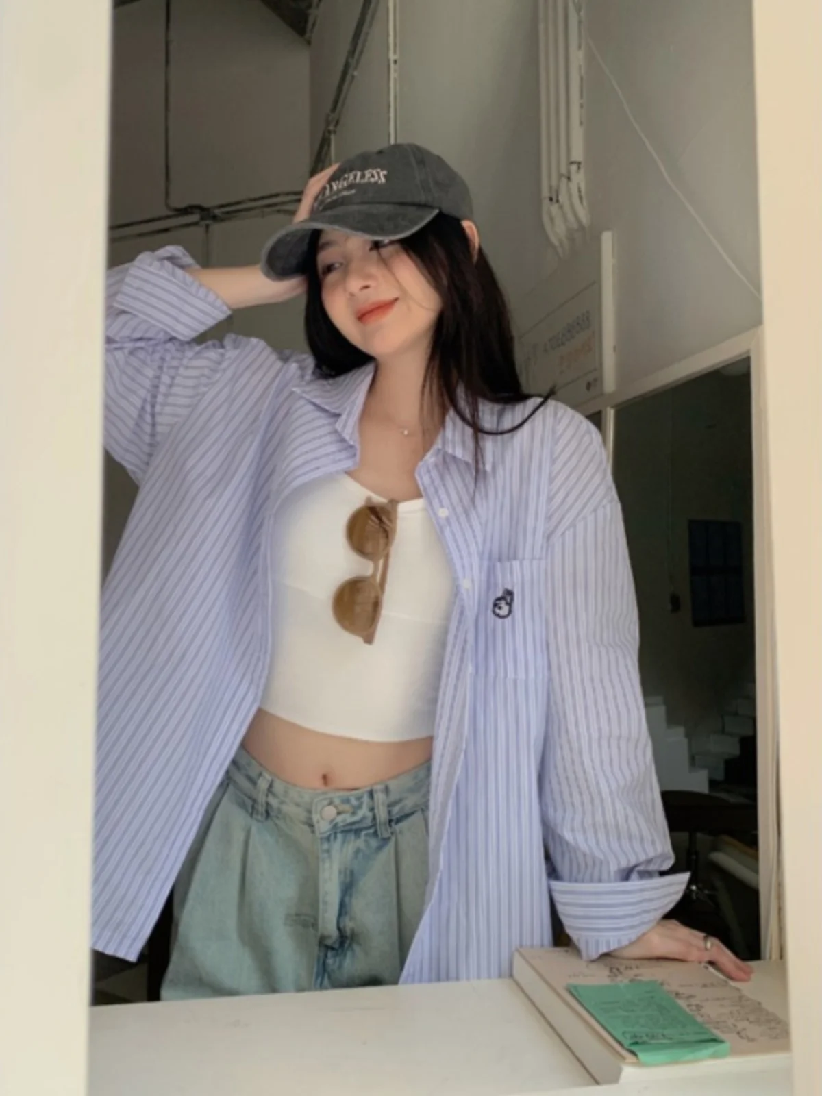 

plus Size Women's Blue Striped Rabbit Embroidery Long Sve irt Loose Fit Summer New Sle Casual Comfortable Top