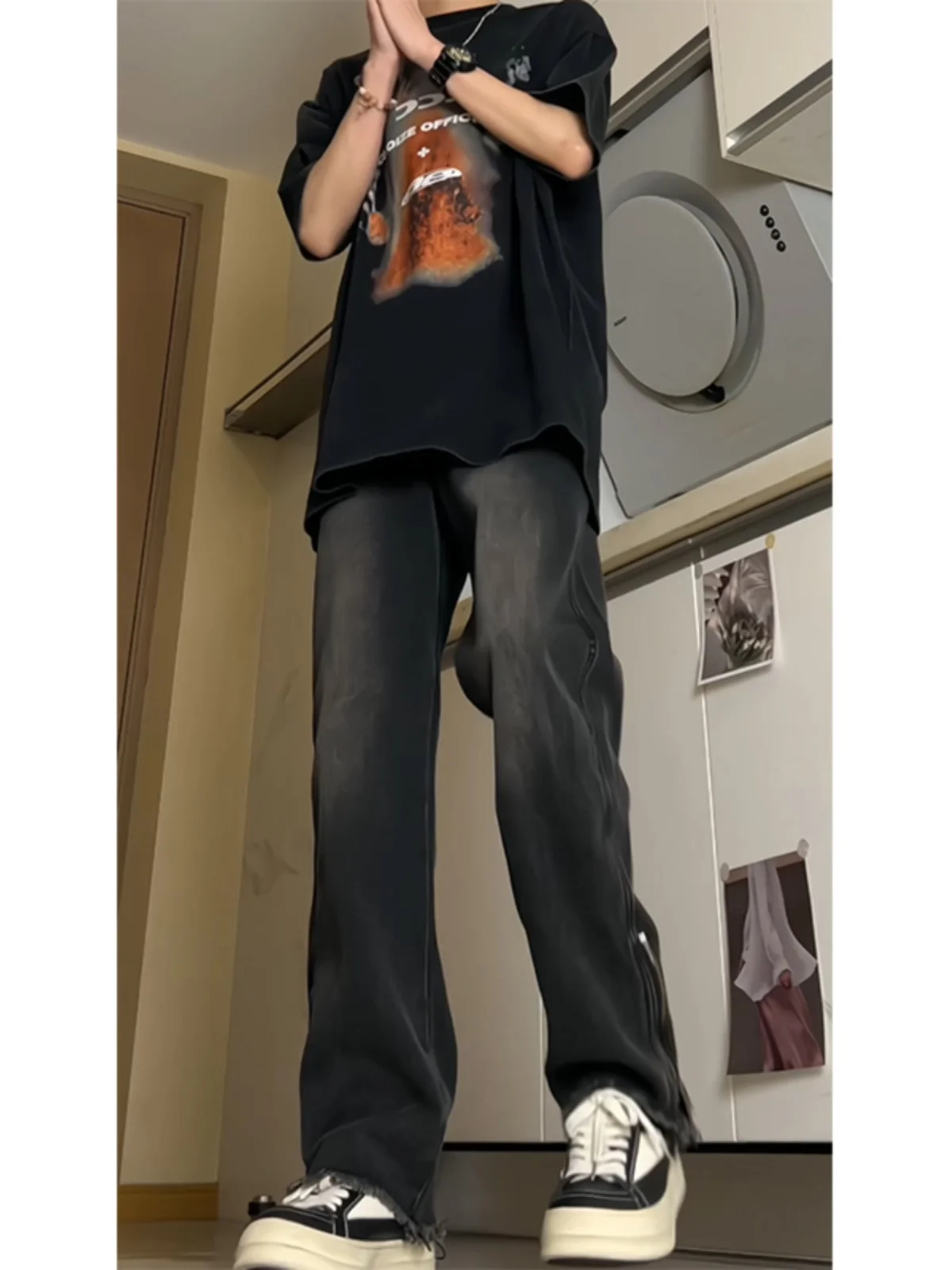 

Black Straight Leg Men's Jeans High Street Zipper Cleanfit Slit Frayed Hem Denim Pants Youth Trendy Wear Resistant Loose Fit