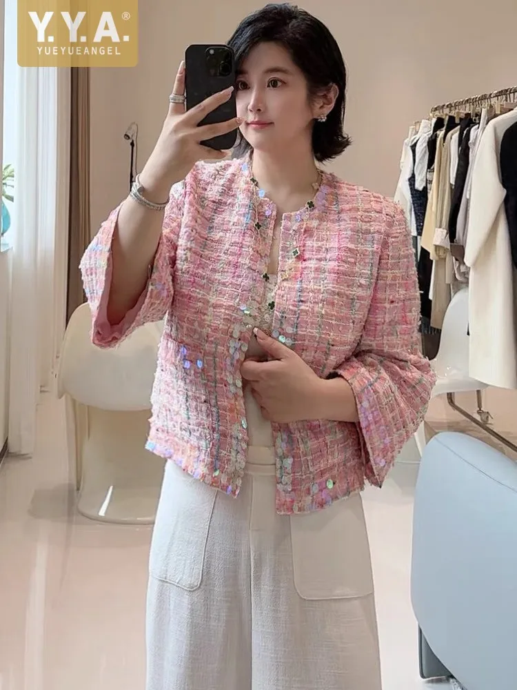 

Designer Fashion Women Office Elegant Loose O Neck Sequined Tweed Jacket Long Sleeve Covered Button Plaid Short Coat Outerwear