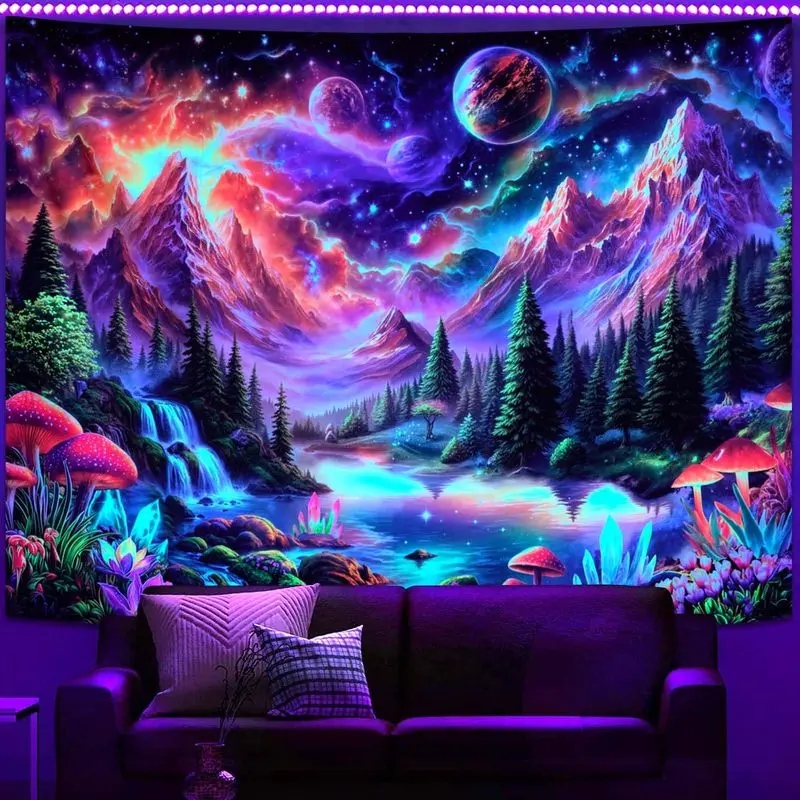VIKAMA Neon Pine Forest Waterfall Crystal Blacklight Tapestry UV Reactive Trippy Wall Hanging Home Decor Soft Durable Cozy Gift