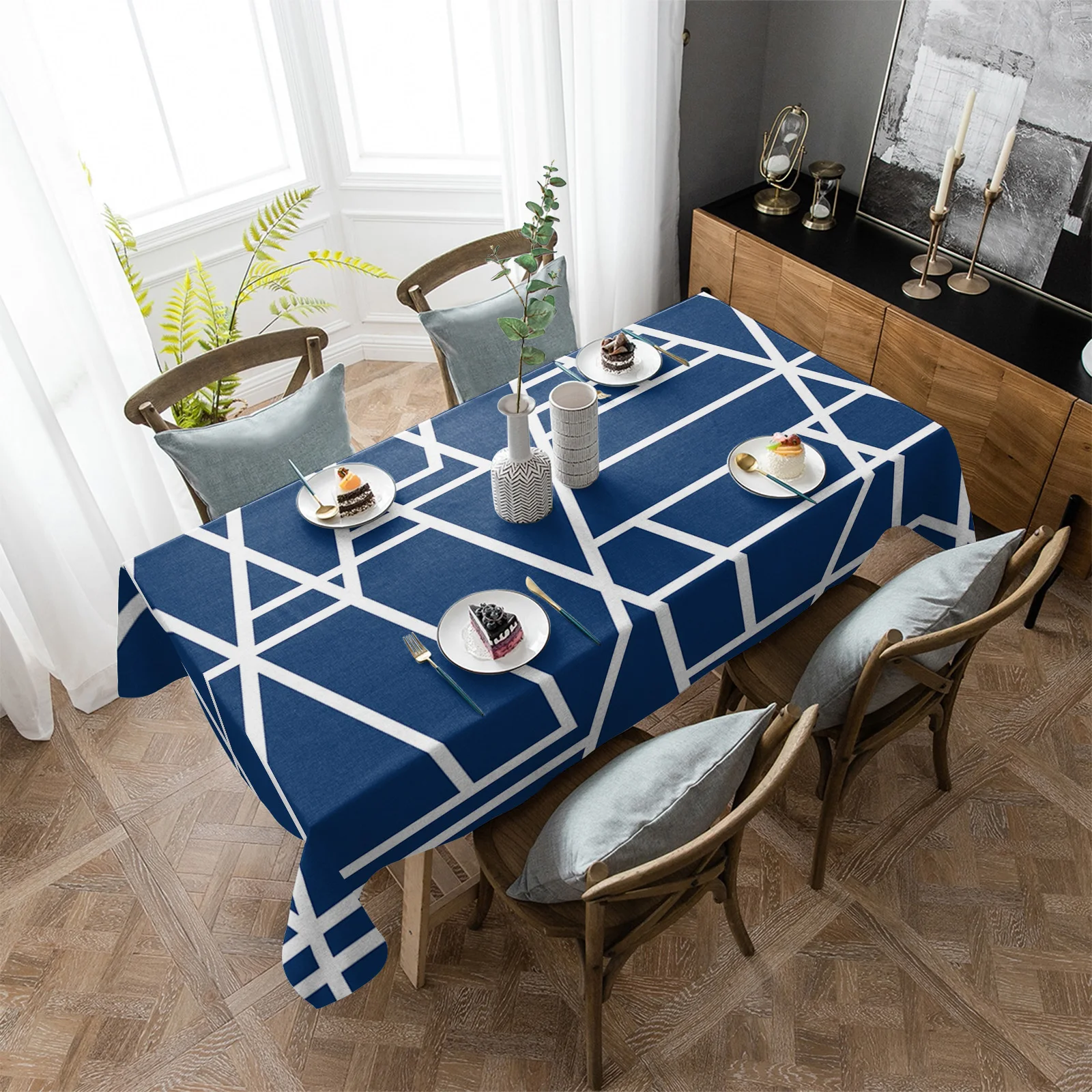 

Geometric Texture Blue Waterproof Tablecloth Party Decorations Supplies Rectangle Table Cloth for Kitchen Table Decor