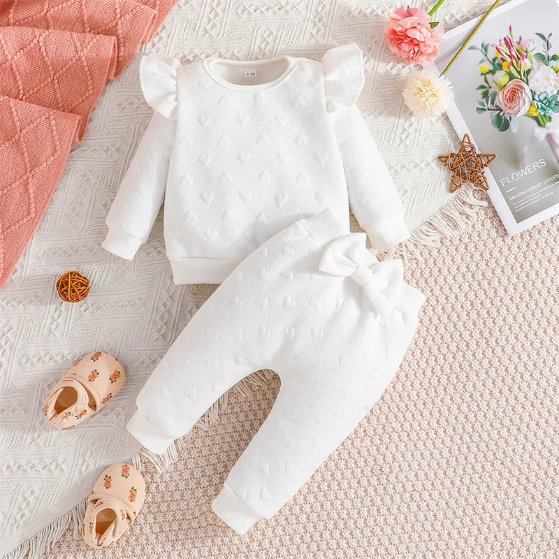 Spring Kids Girls Suit Baby Cute Set Children Solid Color Long Sleeve Ruffle Tops Bowknot Trousers Autumn Kids Clothes 3-24M