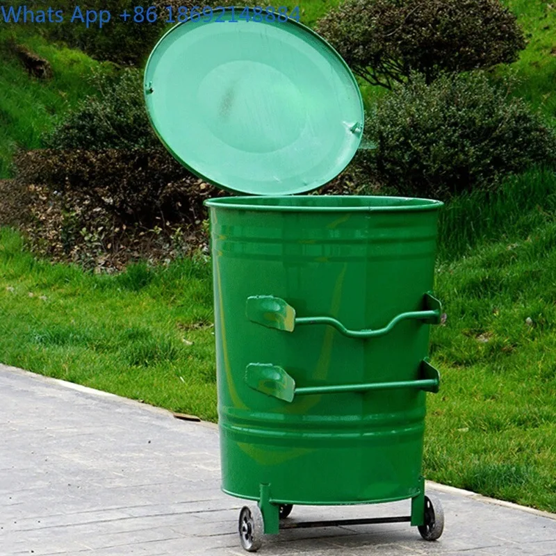 

360L Iron Round Trash Can Outdoor Street Large Garbage Bin Galvanized Steel Plate 360L Trailer Trash Can
