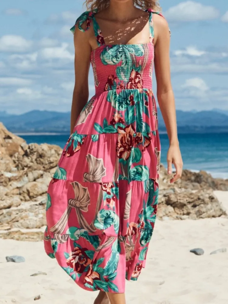 

Fashion Floral Print Dress For Women Casual Spaghetti Strap High Waist Loose Dresses Lady Holiday Beach Party Skirt Clothes New