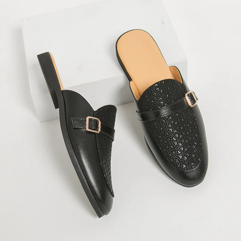 Men's Backless Mules Loafers Black Leather Slip On Slippers Metal Buckle Geometric Print Casual Dress Shoes For Daily Business