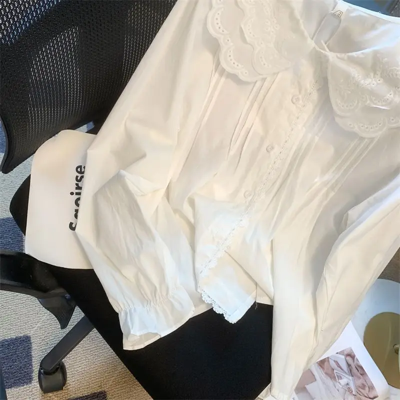 Camisa con cuello de muñeca de encaje francés, camisa base para mujer, camisa pequeña, fresca, dulce, holgada, top de estilo occidental