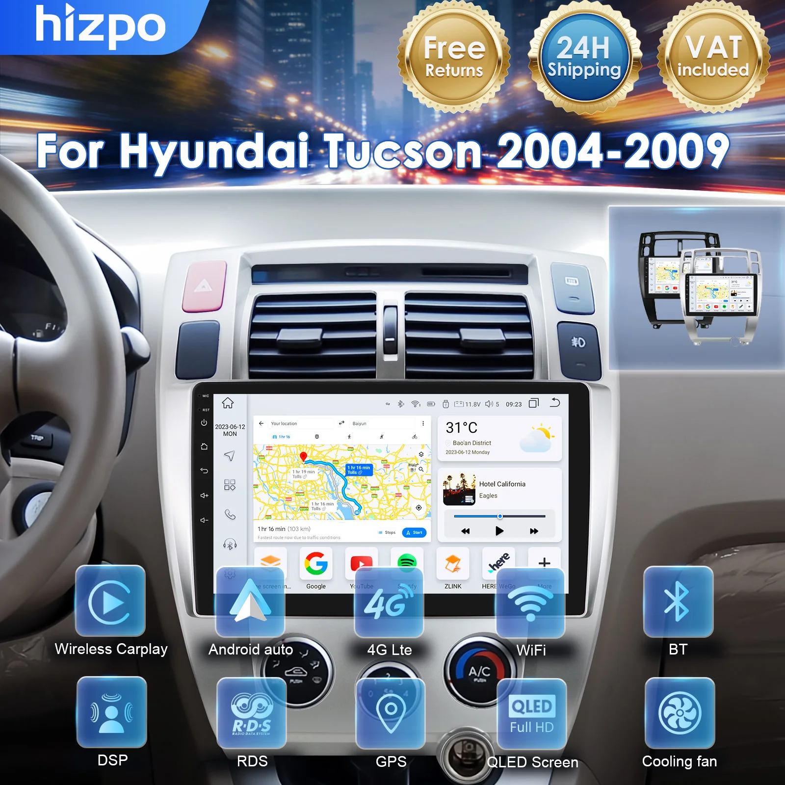 Hizpo 8 Core Car Multimedia Player per Hyundai Tucson 2004-2009 2Din Radio Carplay Android Auto Stereo Audio Navigazione GPS DSP RDS 4G+WIFI