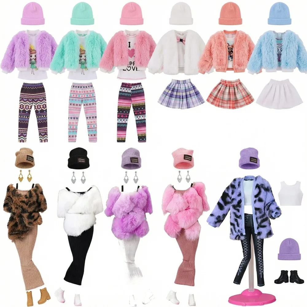 4Pcs/Set Plush Coat+Hat+Top+Pants/Skirt Casual Outfit For 30cm Doll&1/6 BJD Doll Clothing Accessories Jacket Girl's Pop ToysGift