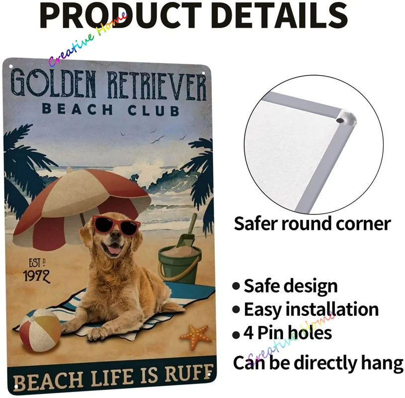 Funny Dog Metal Sign Vintage Golden Retriever Poster Decorative Signs Beach Club Living Room Dining Room Decor