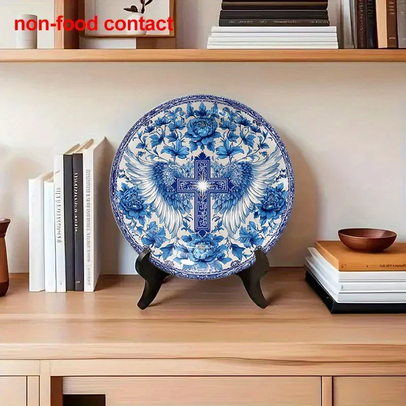 1pc Vintage Blue and White Ceramic Wall Plate - Elegant Floral cross & wings design, Non-Food Contact Decorative Hanging plate