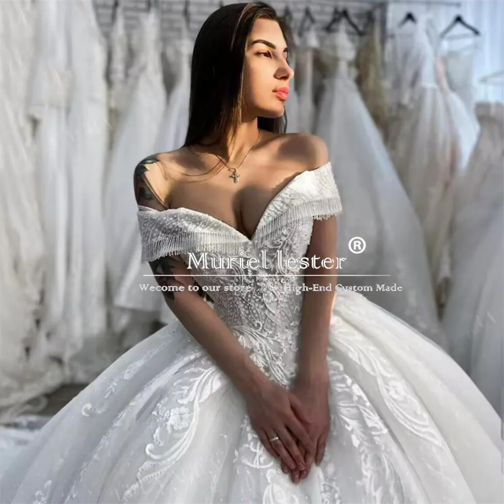 Romântico princesa vestido de baile vestidos de casamento com decote em v rendas apliques vestidos de noiva fora do ombro frisado noiva roupas de casamento 2025