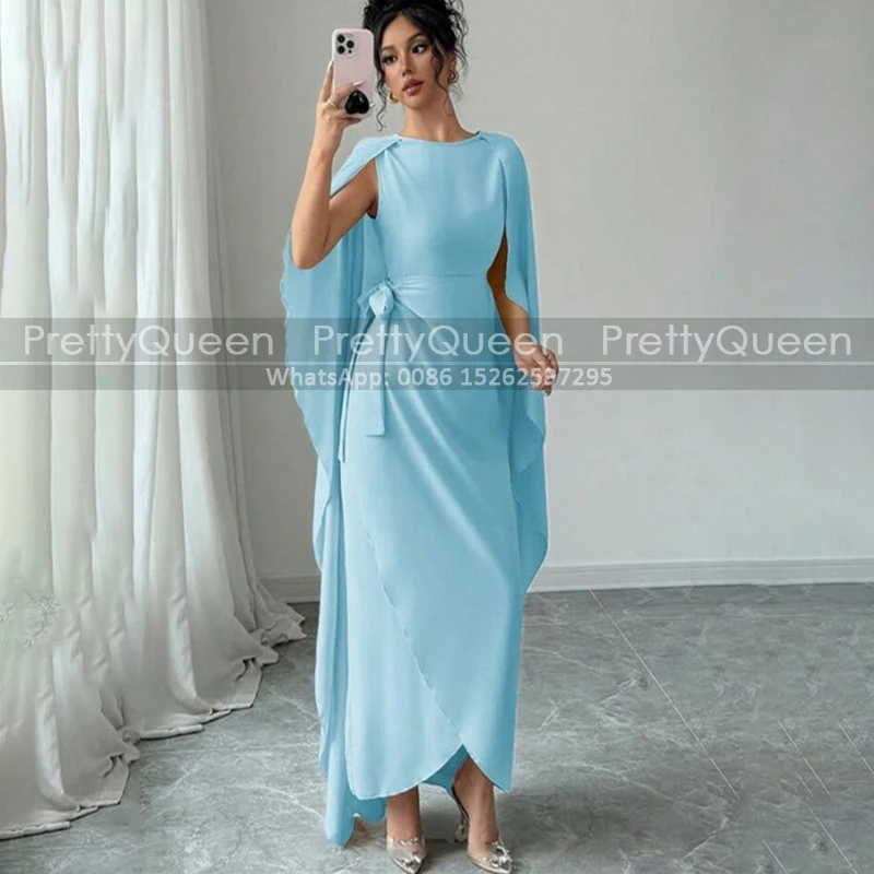 

Customized Long Mother of the Bride Dresses Cloak Shawl Front Split A Line Blue Chiffon Prom Dress Party Ankle Length