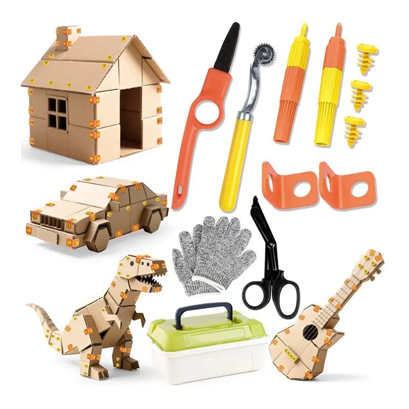 A88E-Cardboard Tools For Kids With Cutter &Tool Box, 300 PCS Cardboard Construction Kit For Family & Team Activities