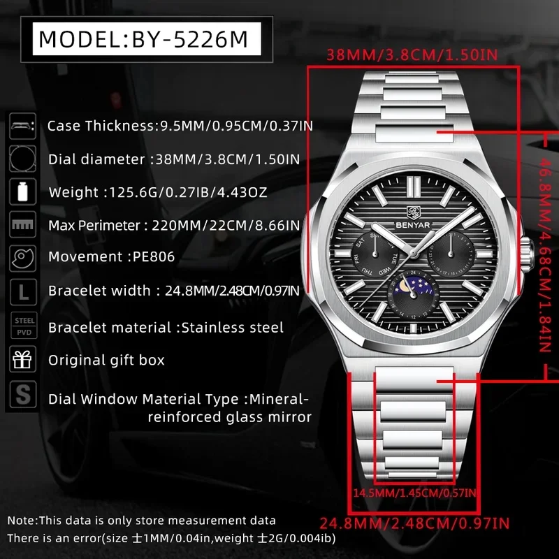BENYAR Light luxury style Luxury Brand's 38MM Men's Quartz Watch Stainless Steel Waterproof Business Leisure Fashion Men's Watch