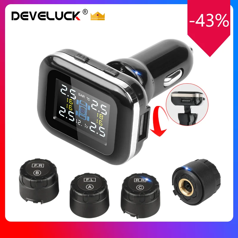 2023 Upgraded Develuck Cigarette Lighter Digital tpms Angle Adjustable Car Tire Pressure Alarm System with USB Port Max 6 TPMS