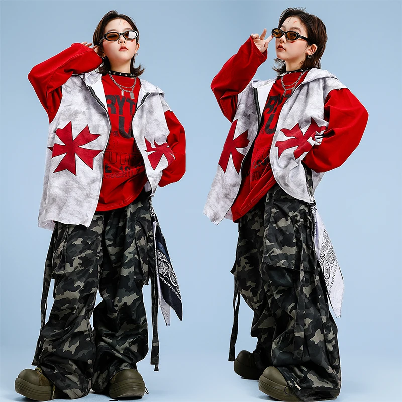 Jungen Hip Hop Top Kostüm Mädchen K-pop Coole Graffiti Mit Kapuze Weste Street Dance Cargo Hosen Kinder Teenager Streetwear kind Kleidung Sets