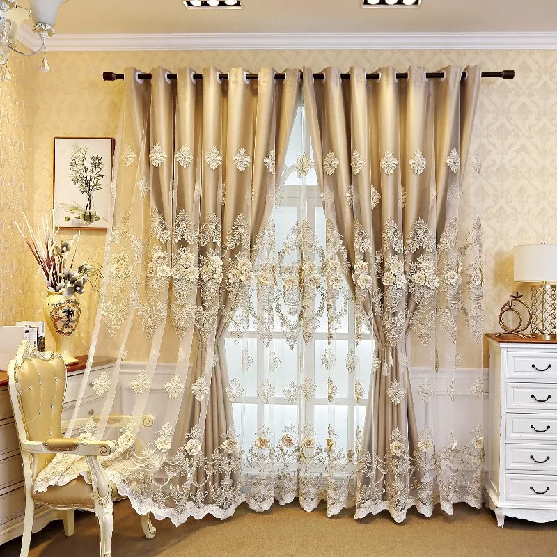 

Double layered curtains with curtains, suitable for living rooms and bedrooms, luxurious 3D floral embroidery blackout curtains