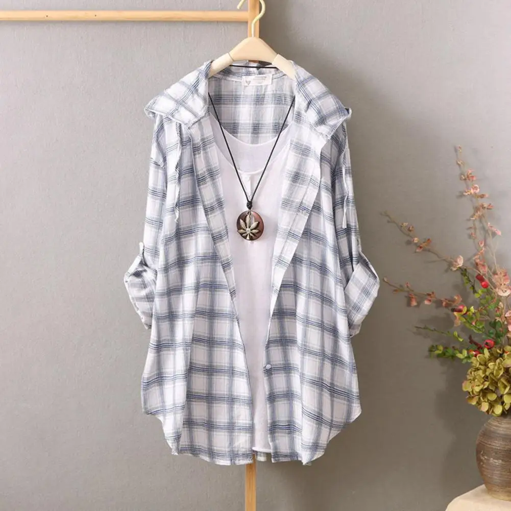 Women Shirt Cardigan Korean Fashion Plaid Pattern Hooded Roll-up Sleeve Loose Long Shirt Coat Sunscreen Shirt Casual Jacket