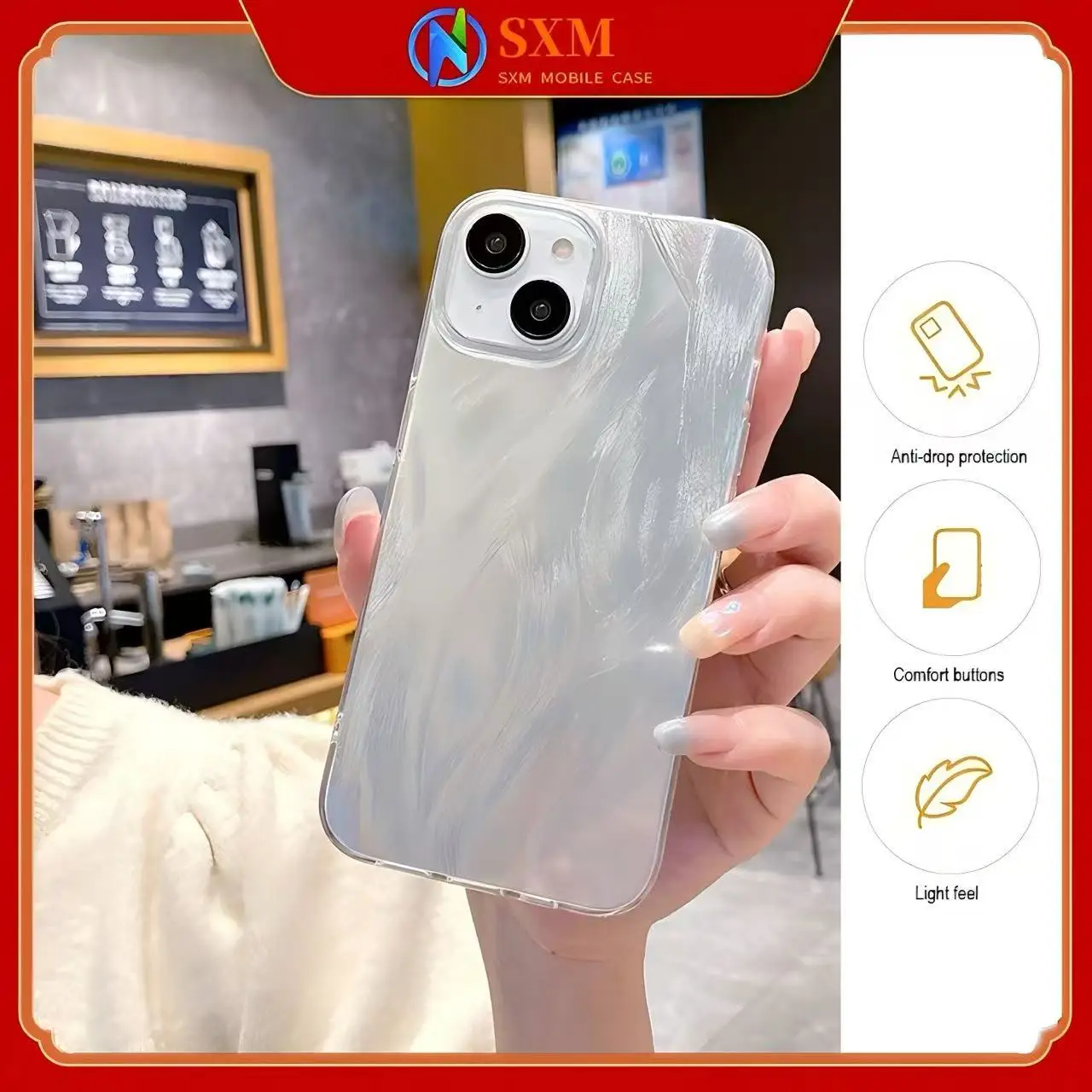 

High-end feather shell case for Apple phones, ins style, silver hard shell protective case