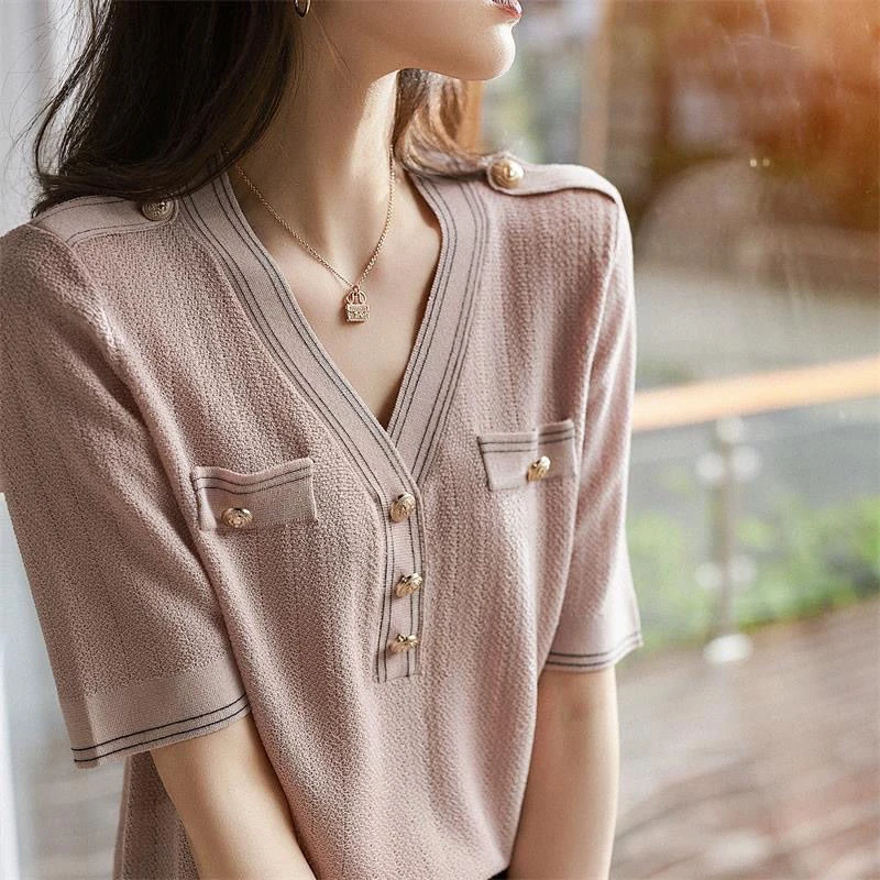 2023 Summer New Casual Fashion V-neck Solid Simple Knitting Tee Female Short Sleeve Pullover Top Women All-match Buttons T-shirt