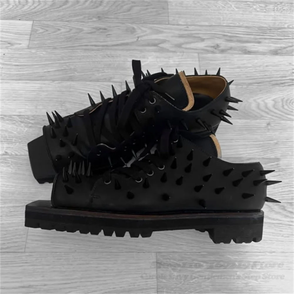 Men Square Toe Rivets Spiked Leather Shoes Punk Style Thick Heel Lace Up Handmade Luxury Trendy Casual Novetly Single Shoes