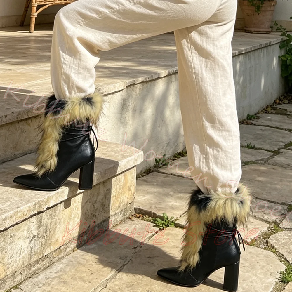 Women Ankle Boots Fur Trim Lace Up Stiletto High Heels Ladies Winter Sexy Warm Party Dress Shoes Mixed Color Fashion