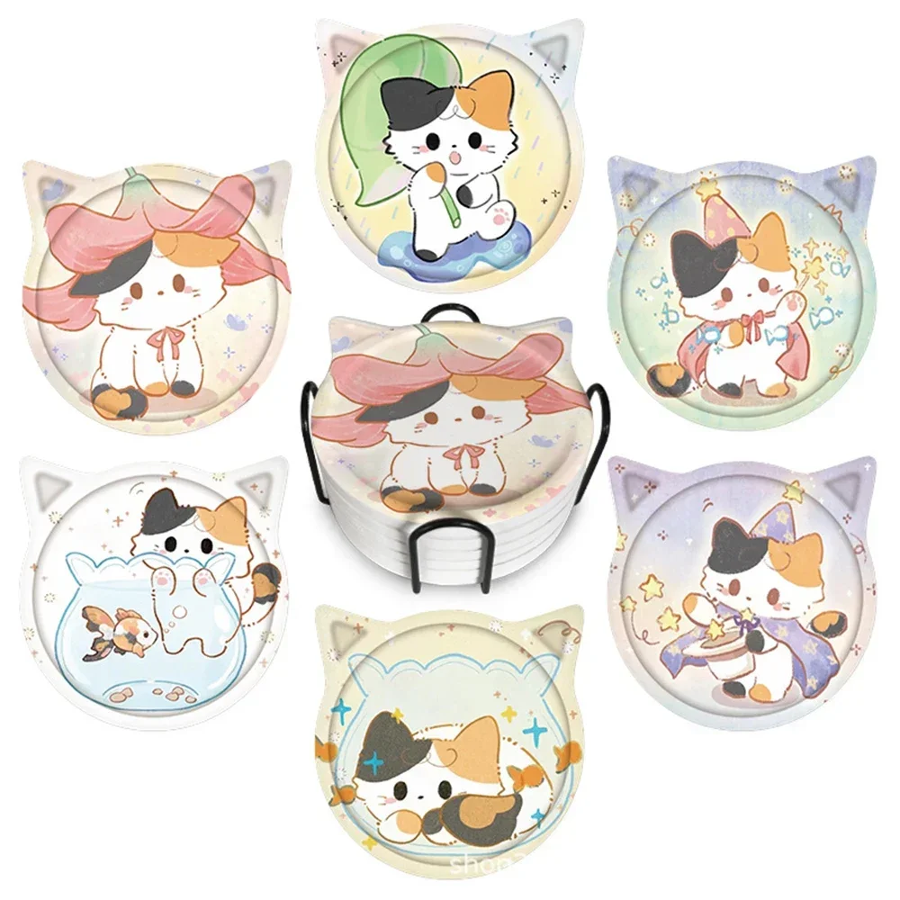 

Ceramic Cat Head Coaster Healing Cute Cat with Iron Frame Water Absorption and Anti-slip Insulation 6Pcs Pad Gift for Friends