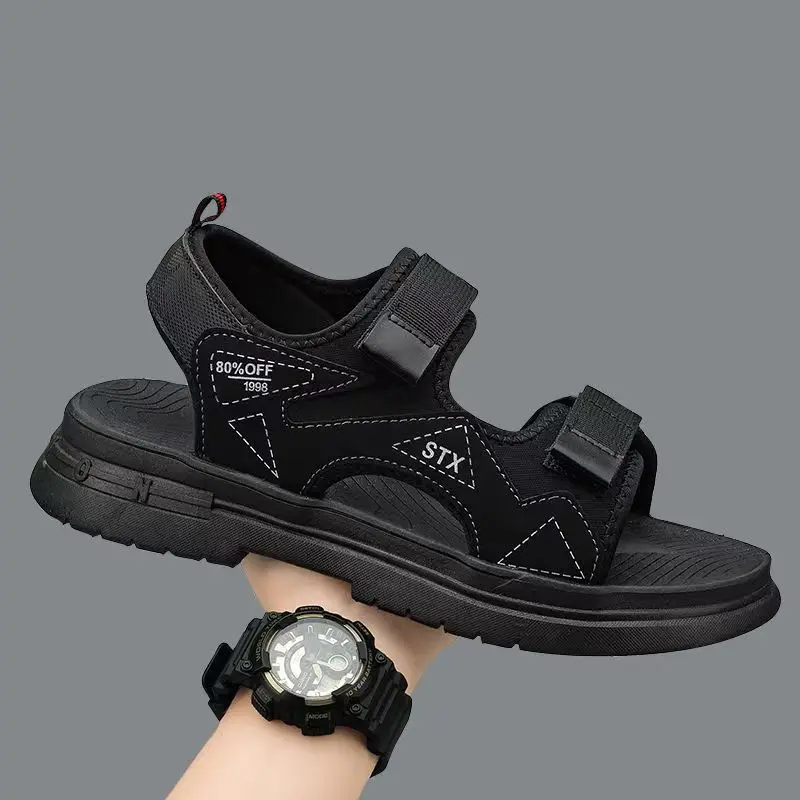 Men 2026 Summer New One word Outdoor Beach Sandals Thick Sole Non Slip Anti Odor Lightweight Velcro Casual Sports Sandals