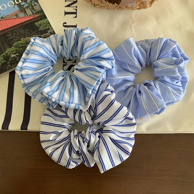 

New Korean Scrunchies White Blue Stripe Print Hair Tie Ponytail Holder Elastic Hair Band Rubber Bands Women Hair Accessories