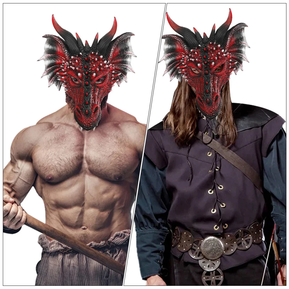 Máscara de dragão oco meia face para homens, máscaras assustadoras, ternos de baile de carnaval, cosplay preto e vermelho