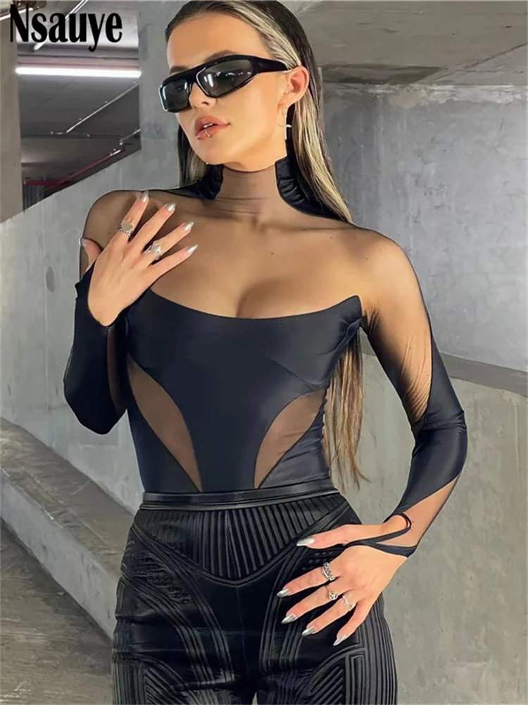 Nsauye Long Sleeve Women Skinny Sexy Bodycon Mesh Patchwork Club Bodysuit One Pieces Outfits Y2K Summer Rompers Body Tops 2023