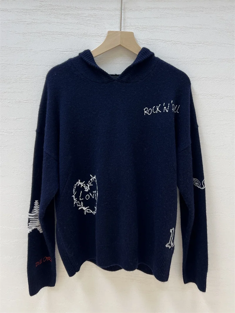Dark Blue Women Embroidery Knitted Pullover Top Long Sleeve Fashion Vintage Early Autumn New 2026 All-Match Hoodies Sweater