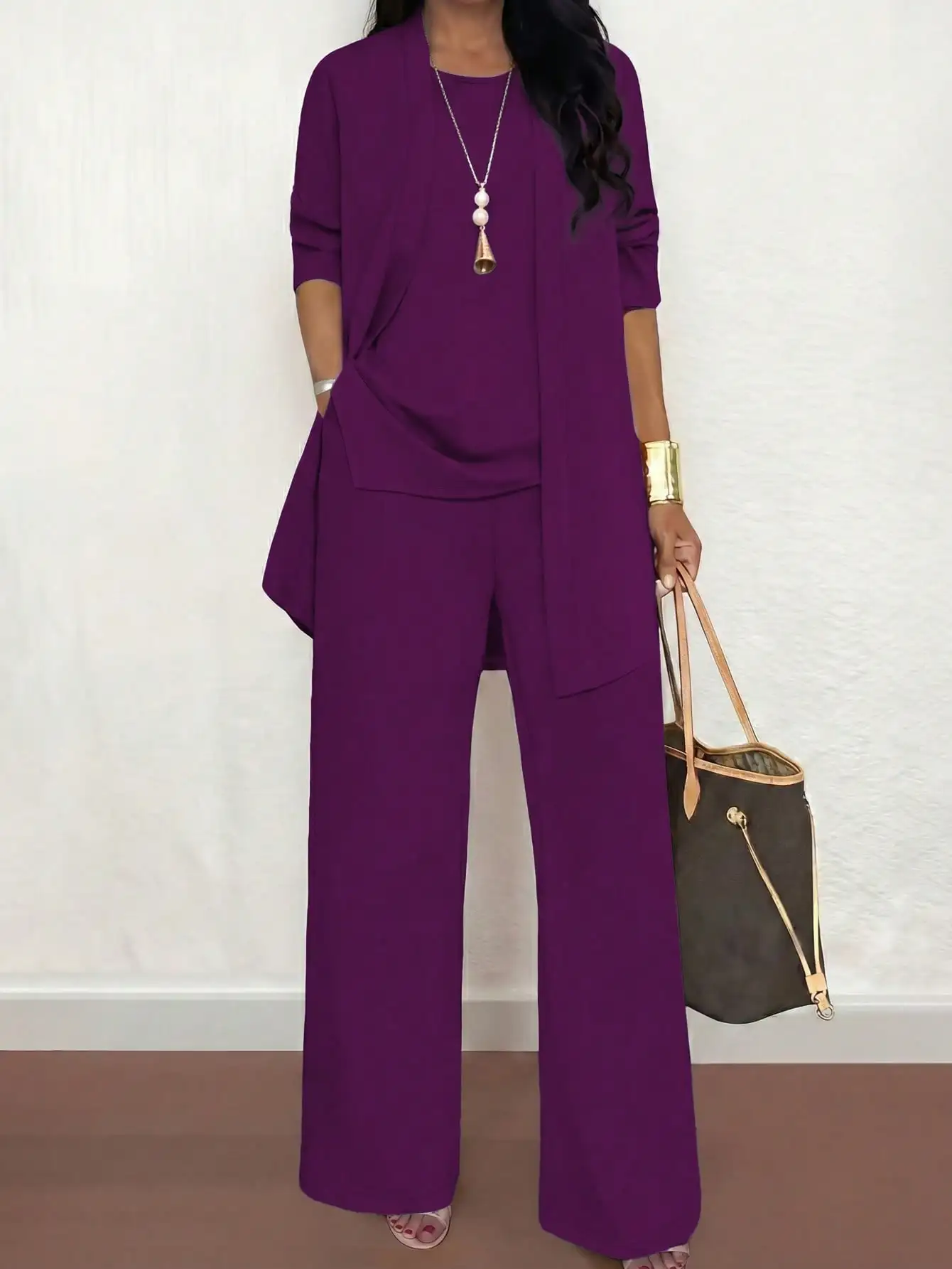 

Комплект из 3 предметов для женщин больших размеров: однотонный фиолетовый повседневный комплект – кардиган с открытым передом, топ с круглым вырезом, брюки с широкими штанинами