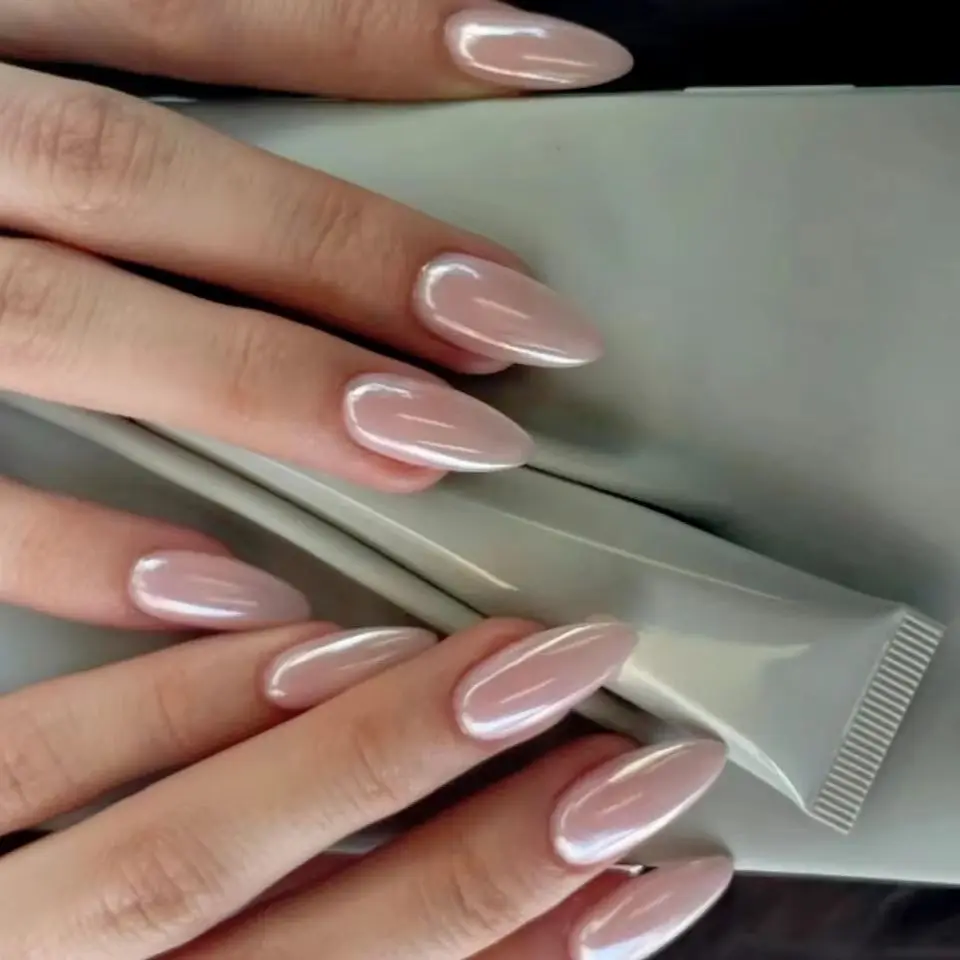 

French Classic Simple Aurora Almond False Nails Art Glitter Powder Long Pointed Fake Nails Stiletto Press on Nails Rhinestones