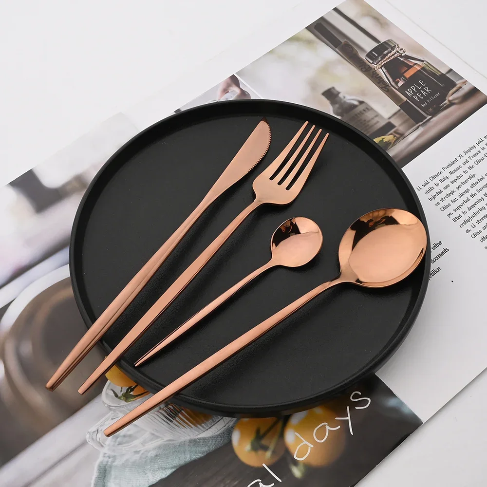4/6/12/16/24Pcs Rose Gold Dinnerware Set Stainless Steel Tableware Set Western Knife Fork Spoon Mirror Flatware Cutlery Set