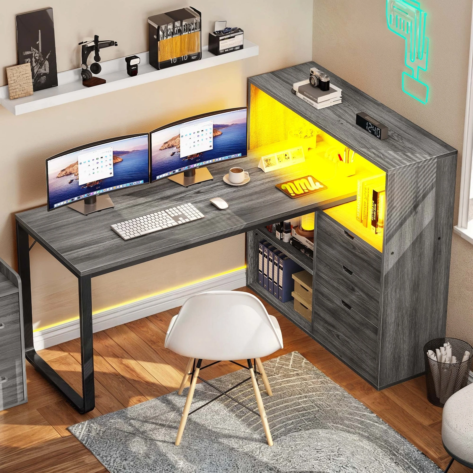 

55inch L Shaped Desk /Drawers & Power Outlets LED Corner Gaming Computer Table