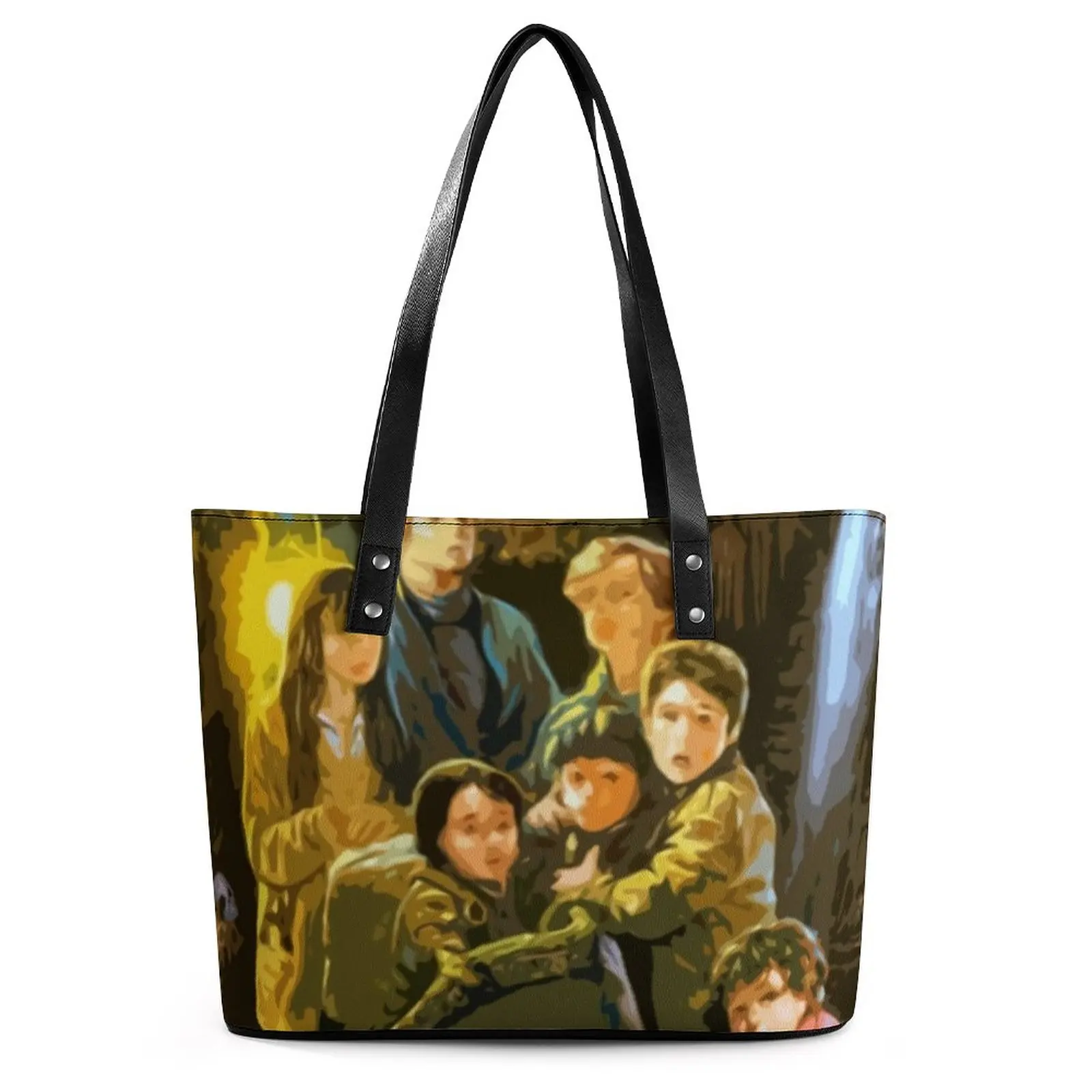 

Goonies Classic Handbags Women Retro Movie Print Tote Bag Kawaii Grocery Shoulder Bag Handle Print PU Leather Shopping Bags