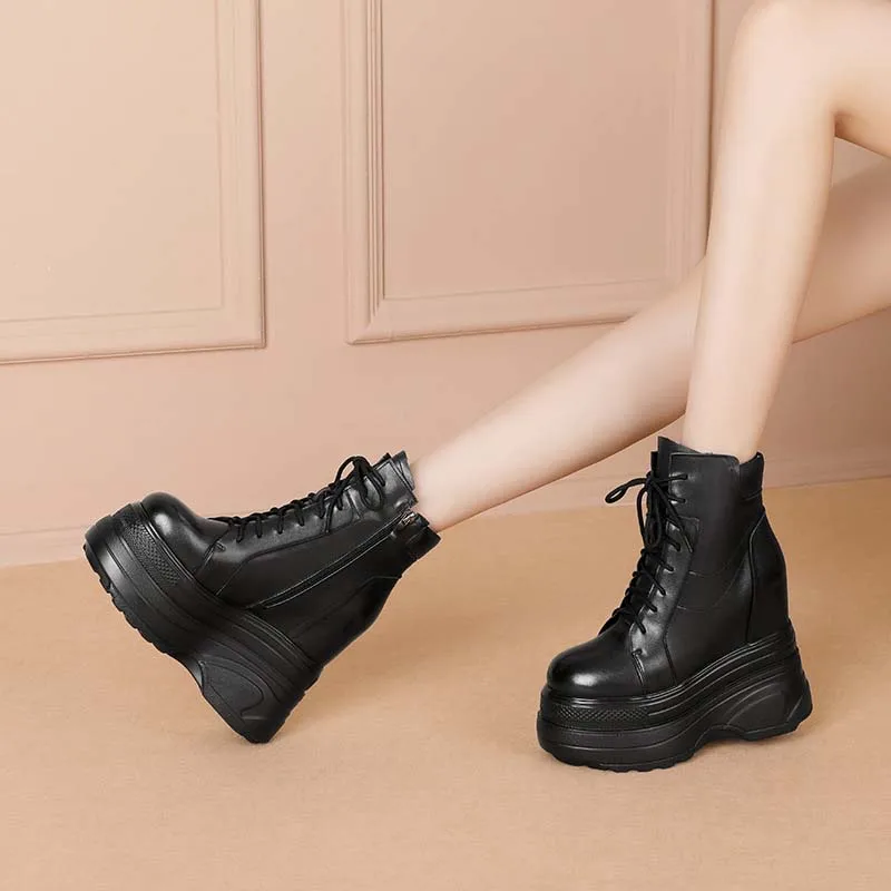 women height increasing 14 cm ankle boots high top sneakers platform ladies elevator shoes genuine leather high heels wedges