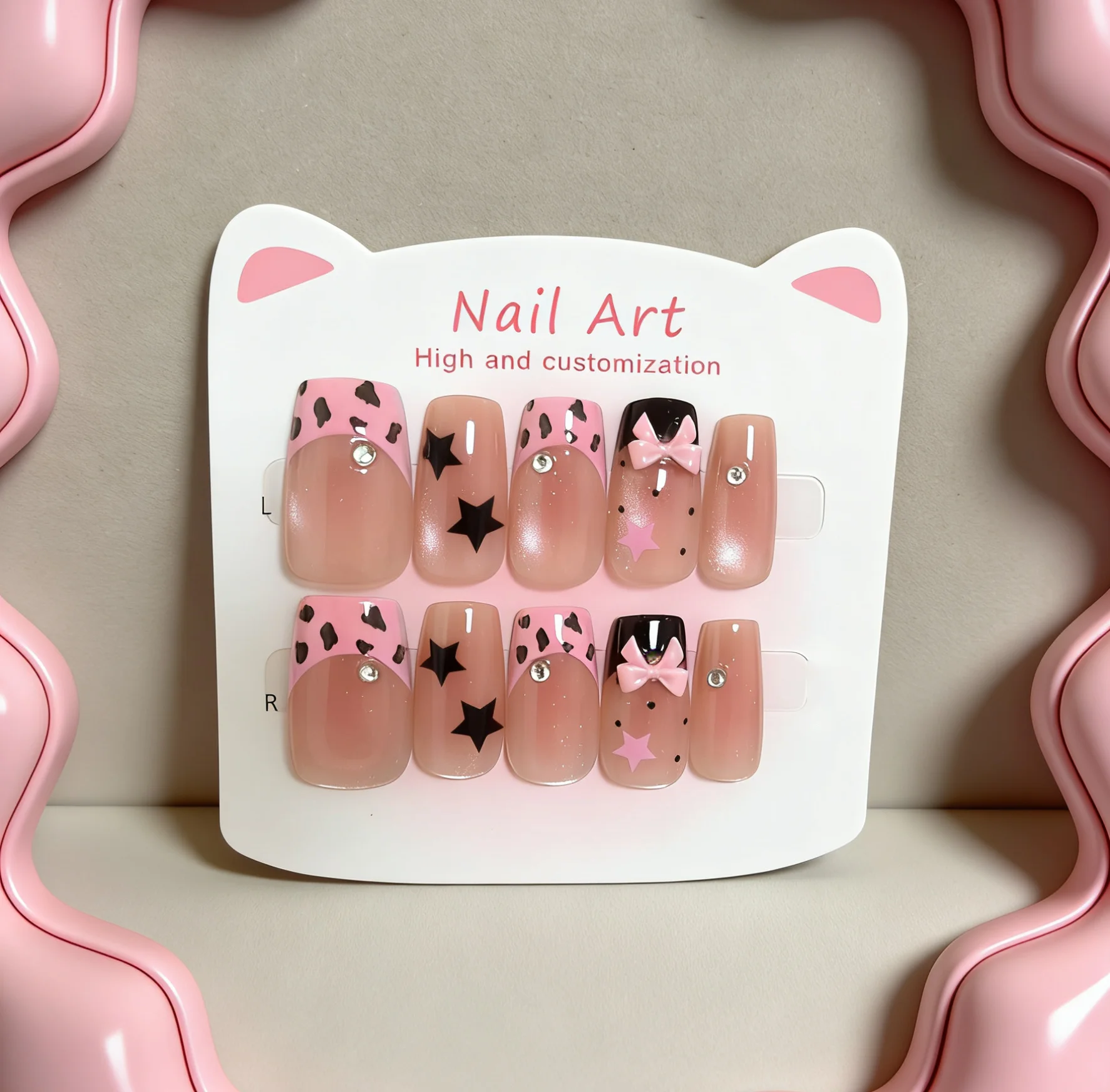 10pcs Short Square Press On Nails Pink Leopard Print Star Bow Design Reusable Fake Nails Y2k Cute False Nails With Rhinestones