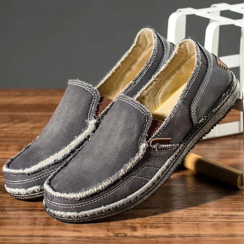 classic canvas shoes men 2025 lazy shoes blue grey  khaki canvas moccasin men slip on loafers washed denim casual flats