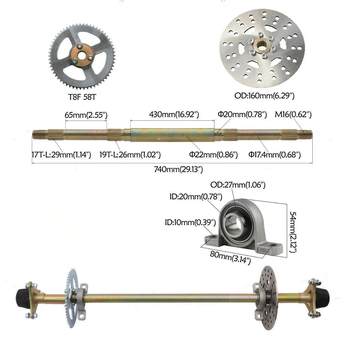 740mm 22mm Go Kart Rear Axle Kit Hubs Brake T8F Disc Sprocket Drift Trike Buggy for 2 Stroke Moto ATV Accessories Modified Parts