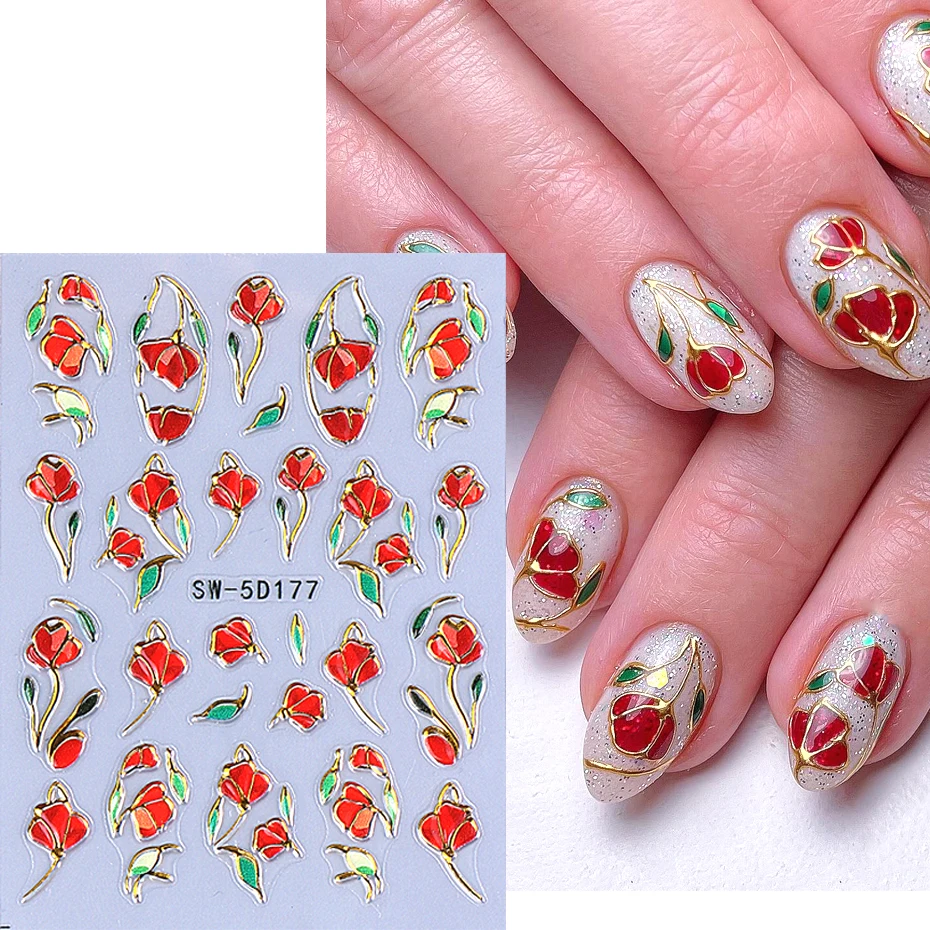 5D Metallic Gold Line Petal Nail Art Aufkleber Rot Glänzend Blumenrahmen Nagelzubehör Abziehbilder mit Glitzer Elegante Blumen Maniküre
