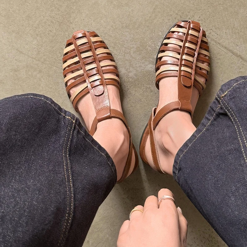 

2026 New Women Shoes Fashion Roman Low Heel Sandals Summer Square Heel Woven Hollow Out Beach Vacation Gladiator Sandalias