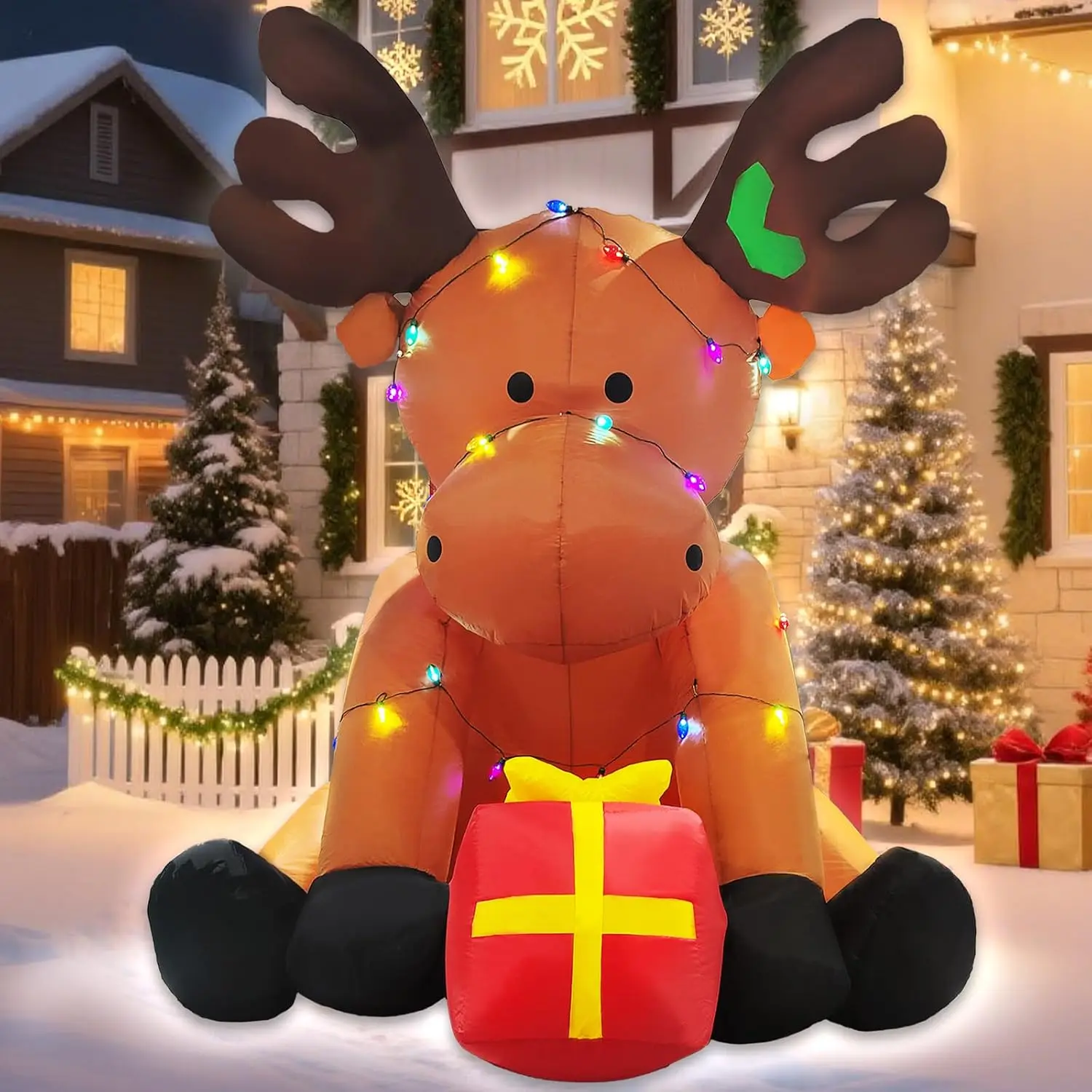 Christmas Outdoor Inflatable Decorations, 8 FT Giant Inflatable Reindeer Yard Decor with Multicolor String Lights, Blow-Up LED Holiday Decor for Indoor, Outside, Lawn, and Garden